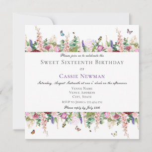 Invitation Fleurs et papillons roses Carré 16e anniversaire