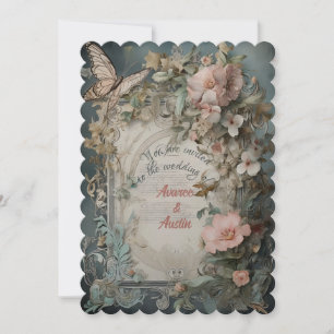 Invitation Fleurs et papillons victoriens bleu et rose
