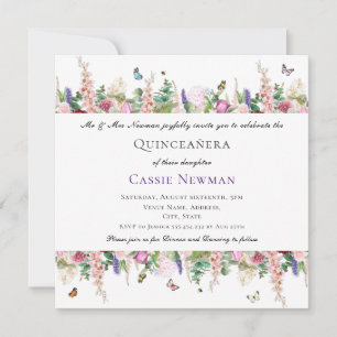 Invitation Fleurs et papillons violets roses Quinceañera