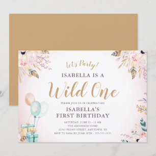 Invitation Fleurs et plumes Wild One Girl's 1st Birthday