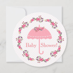 Invitation Fleurs et points de parapluies roses, Baby shower 