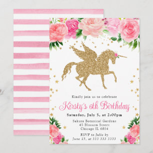 Invitation Fleurs et Roses Roses et Licorne en Or Fête d'Anni