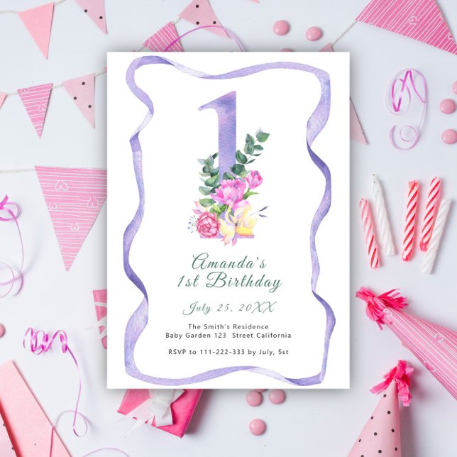 Invitation Fleurs et ruban numéro 1ère fête d'anniversaire (Créateur téléchargé)