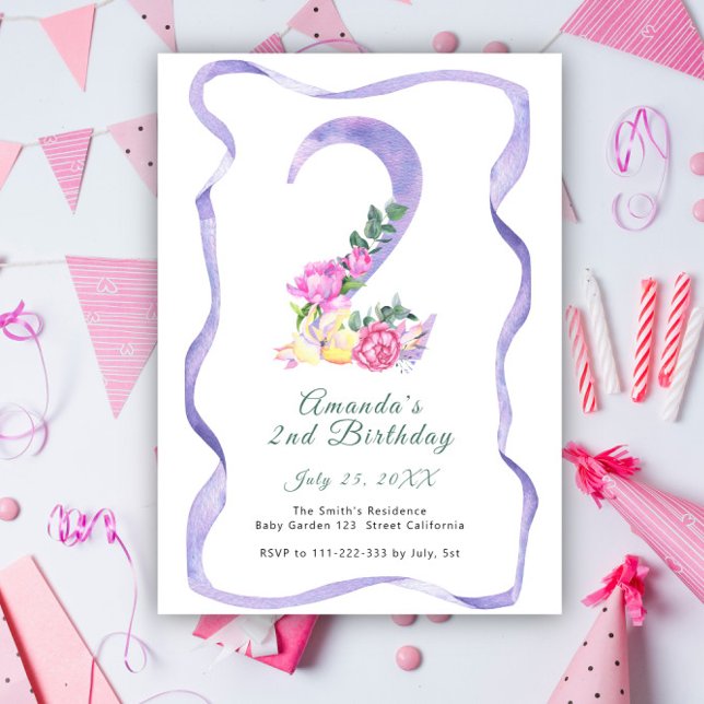 Invitation Fleurs et ruban numéro 2e anniversaire  (Créateur téléchargé)