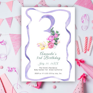 Invitation Fleurs et ruban numéro Fête d'anniversaire 3 ans 