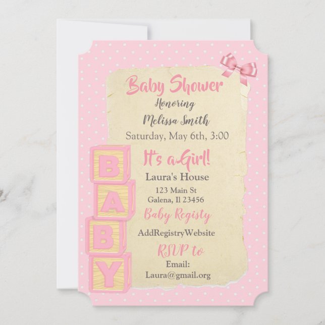 Invitation Fleurs et rubans roses Baby Shower pour bébé fille (Devant)