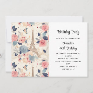 Invitation Fleurs et Tour Eiffel Paris Motif Anniversaire
