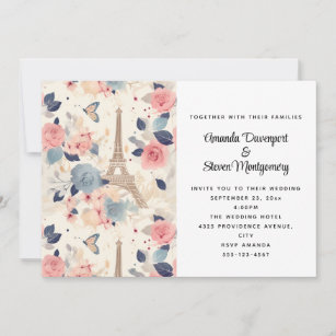 Invitation Fleurs et Tour Eiffel Paris Motif Mariage