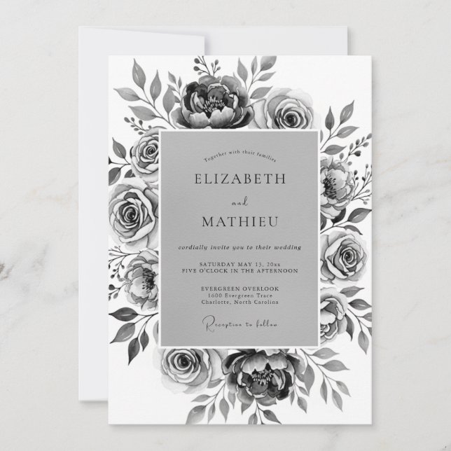 Invitation Fleurs éthérées grises pour mariage (Devant)