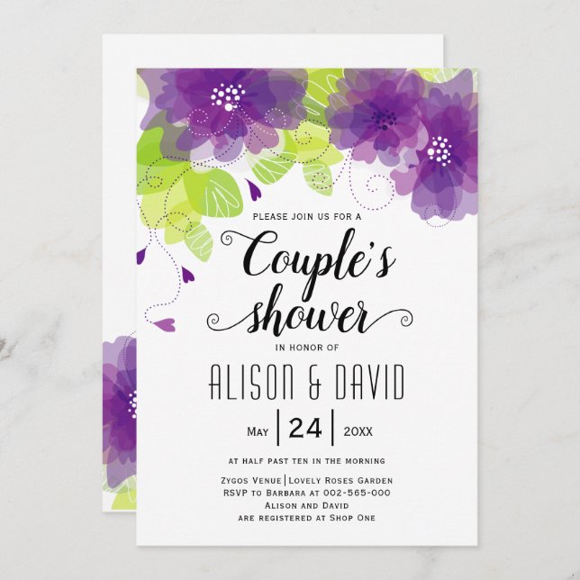 Invitation Fleurs éthérées violettes mariage couples douche (Devant / Derrière)