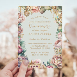 Invitation Fleurs étincelantes or glamour Quinceanera