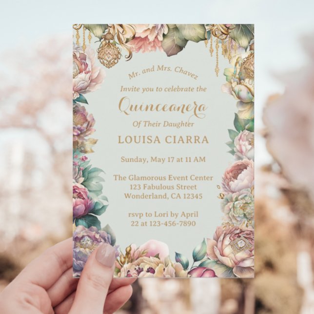 Invitation Fleurs étincelantes or glamour Quinceanera (Créateur téléchargé)