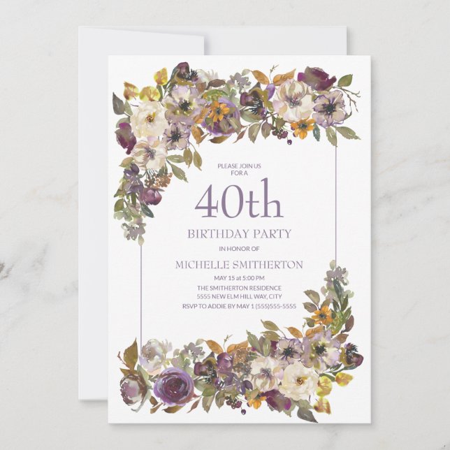 Invitation Fleurs Feuillage Jaune Ivoire Violet 40e Anniversa (Devant)