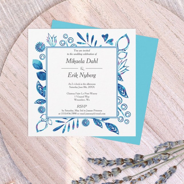Invitation Fleurs Feuilles Cœurs Bleus et Turquoise (royal blue and turquoise floral wedding invitations, square decorative border frame with vines)