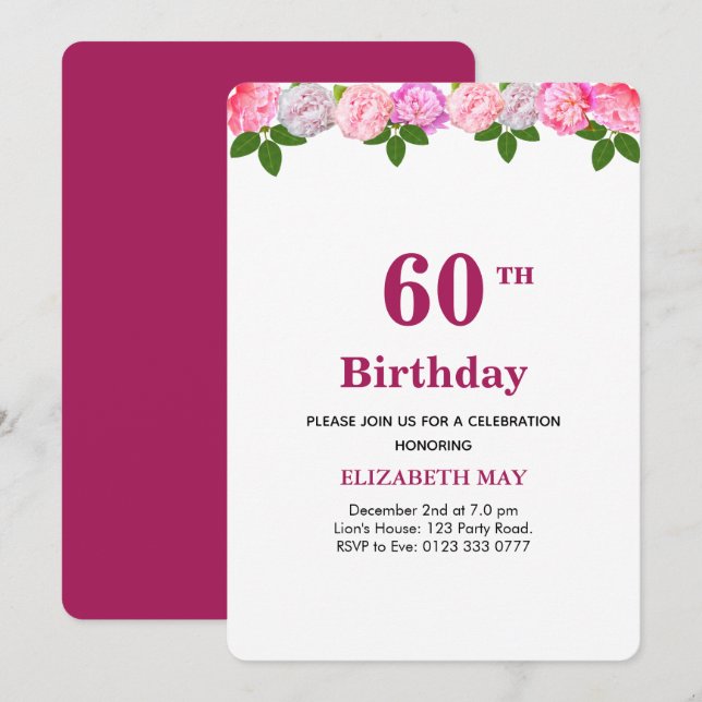 Invitation Fleurs & Feuilles de Laurier 40e, 60e Anniversaire (Devant / Derrière)