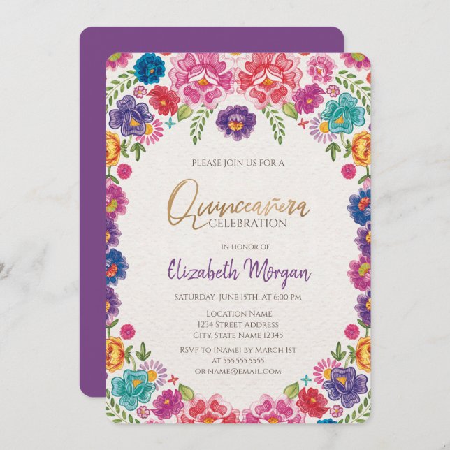 Invitation Fleurs Fiesta mexicaines Quinceañera (Devant / Derrière)
