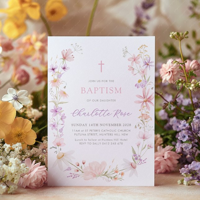 Invitation Fleurs Fleur Sauvage Rose Baptême Fille (Wildflower girls Baptism invitation with pink purple florals and religious cross)