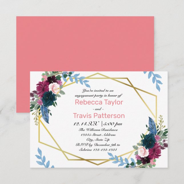Invitation Fleurs Floral Blooms Mod Rose - Fête de Fiançaille (Devant / Derrière)