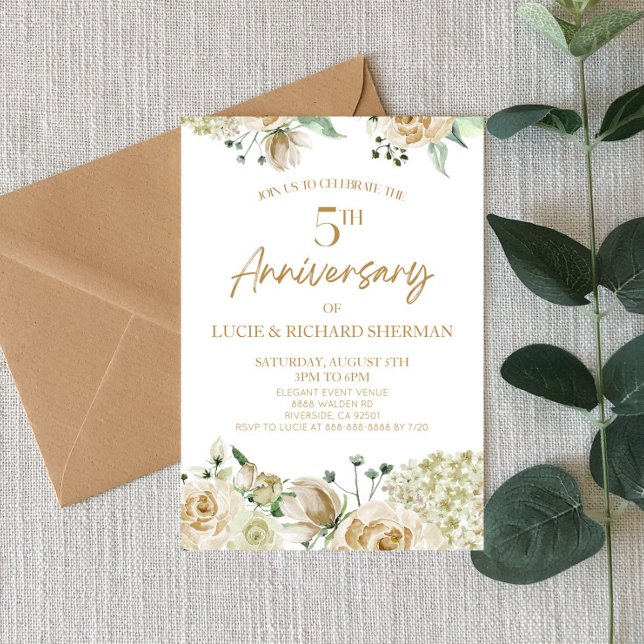 Invitation Fleurs florales blanches 5e anniversaire Mariage (Créateur téléchargé)