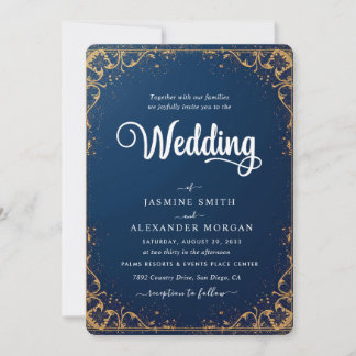 Invitation Fleurs Florales Bleu Marine Mariage Simple