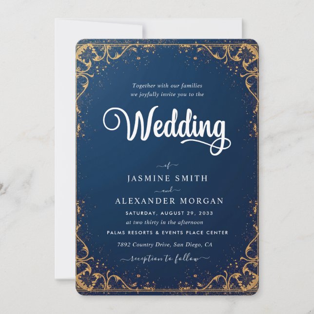 Invitation Fleurs Florales Bleu Marine Mariage Simple (Devant)