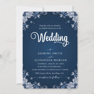 Invitation Fleurs Florales Bleu Marine Mariage Simple