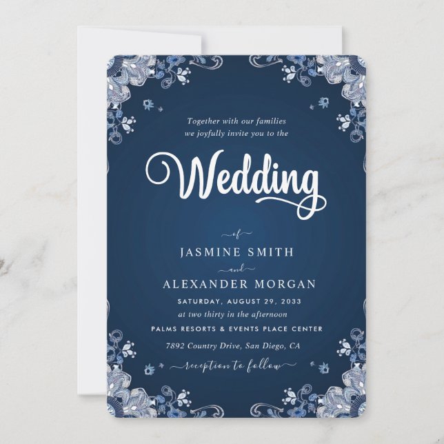 Invitation Fleurs Florales Bleu Marine Mariage Simple (Devant)