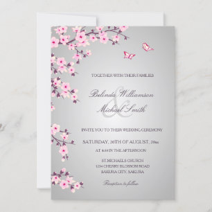 Invitation Fleurs florales de cerisier rose gris Mariage