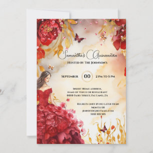 Invitation Fleurs florales de la pivoine de Quinceañera rouge