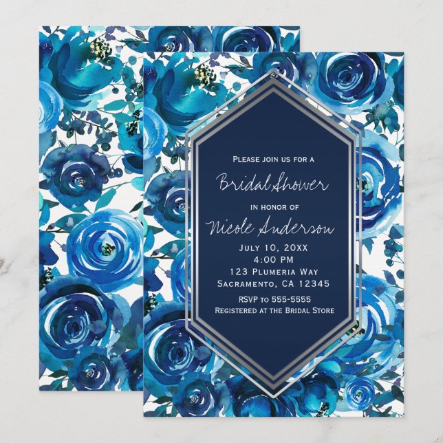Invitation Fleurs Florales Indigo Bleu Élégant Shower de Mari (Devant / Derrière)