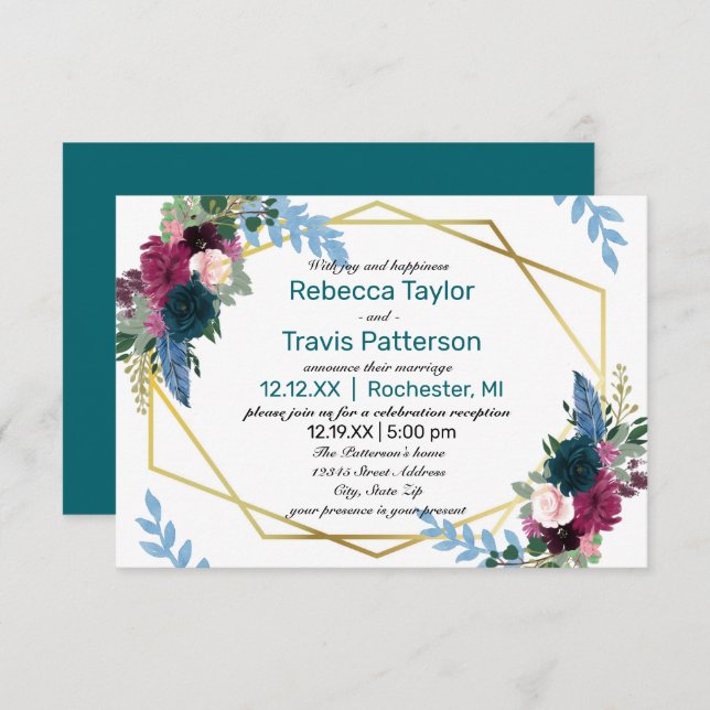 Invitation Fleurs Florales Mod Teal -3x5 Mariage Annonce/Réce (Devant / Derrière)