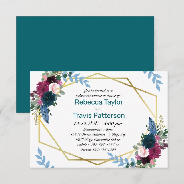 Invitation Fleurs Florales Mod Teal - Dîner de Répétition 3x5 (Devant / Derrière)