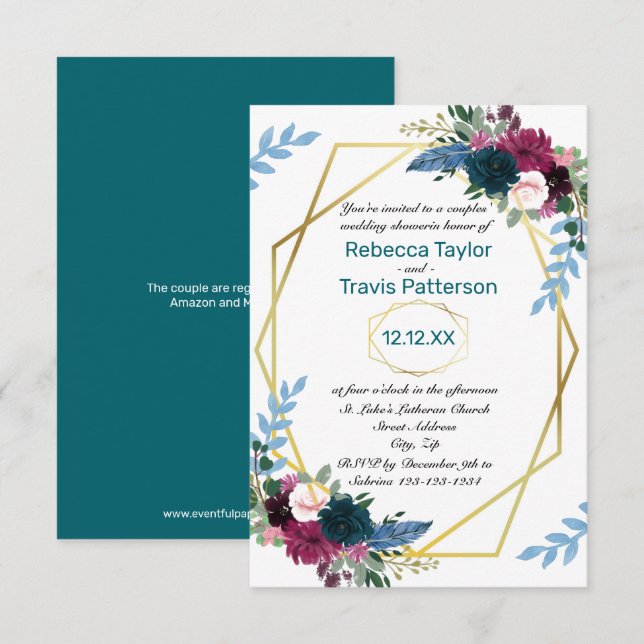 Invitation Fleurs Florales Mod Turquoise V-3x5Mariage de Coup (Devant / Derrière)