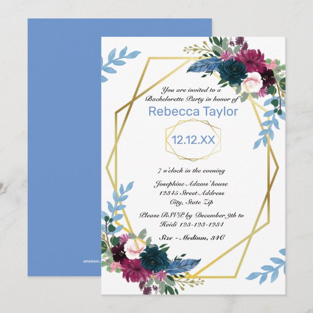 Invitation Fleurs Florales Mod Vert Bleu - Enterrement de Vie (Devant / Derrière)