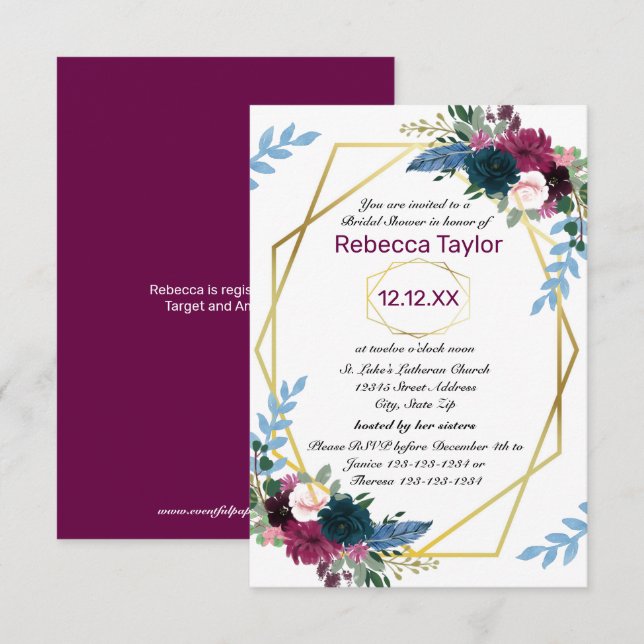 Invitation Fleurs Florales Mod Vert Prune - 3x5 Baby Shower M (Devant / Derrière)