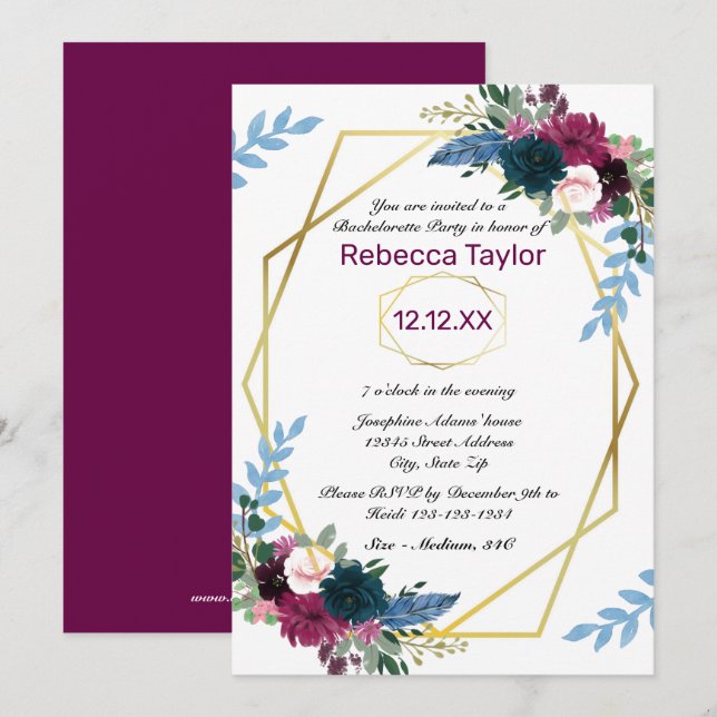 Invitation Fleurs Florales Mod Vert Prune - Enterrement de Vi (Devant / Derrière)