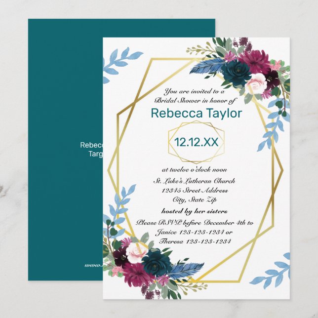 Invitation Fleurs Florales Mod Vert Turquoise - Réception de  (Devant / Derrière)