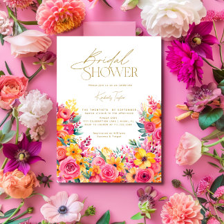 Invitation Fleurs Florales Rose Chaud Bain de Mariée
