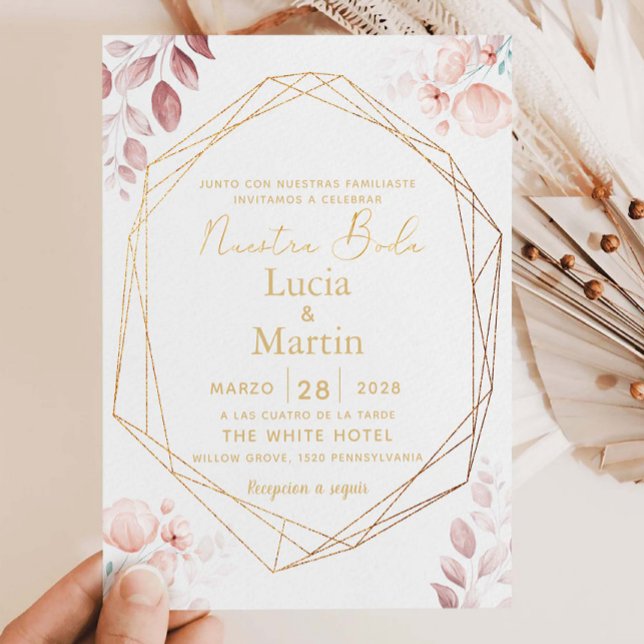 Invitation Fleurs Florales Rose Rose Pâle Or Espagnol Nuestra (Créateur téléchargé)