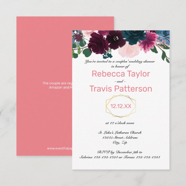Invitation Fleurs florales rose - Wedding shower 3x5 Couples (Devant / Derrière)