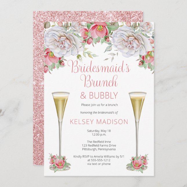 Invitation Fleurs florales roses Brunch & Bubbly (Devant / Derrière)