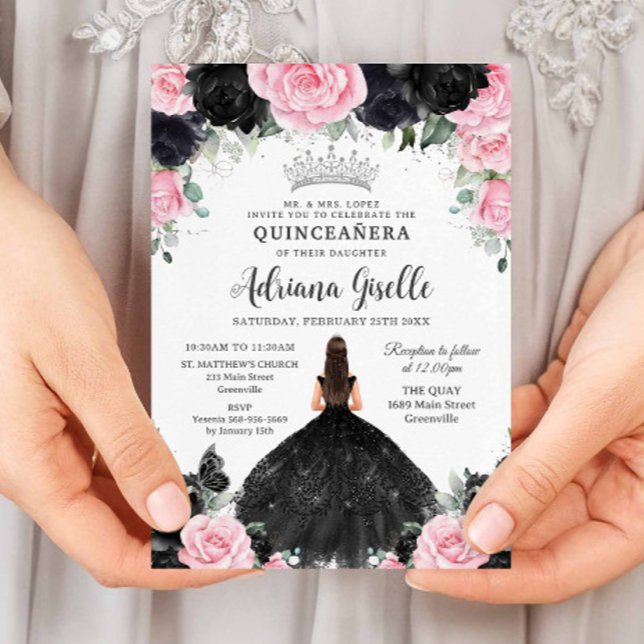 Invitation Fleurs florales roses noires Roses Robe Quinceaner (black and pink roses floral girl in black dress quinceanera sweet 16 birthday invitation download)
