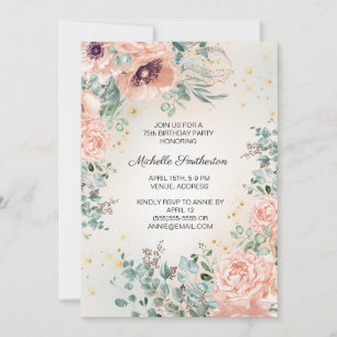 Invitation Fleurs Florales Roses Paillettes Dorées 75e Annive
