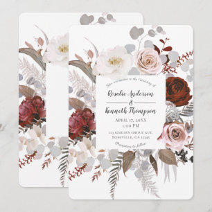 Invitation Fleurs Florales Rustiques Mariage Rouge Gris Blush