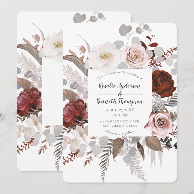 Invitation Fleurs Florales Rustiques Mariage Rouge Gris Blush (Devant / Derrière)