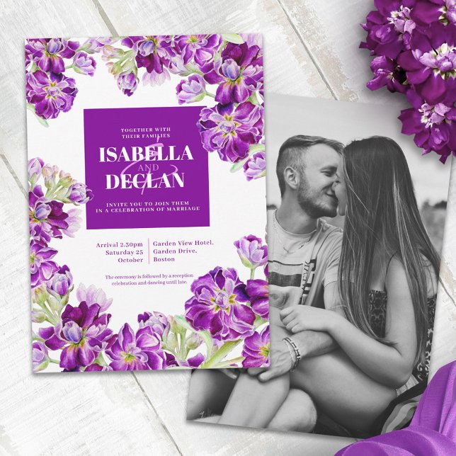 Invitation Fleurs florales stocks violet mariage d'aquarelle (Créateur téléchargé)