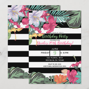 Invitation Fleurs florales tropicales Feuilles Blancs noirs
