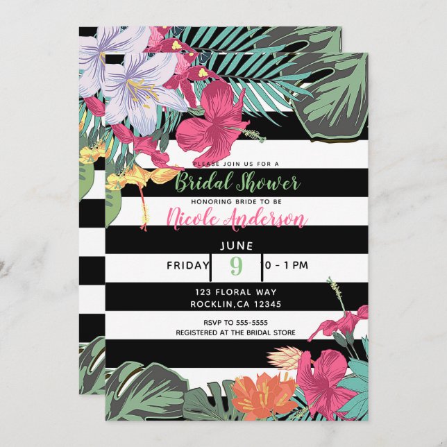 Invitation Fleurs florales tropicales Feuilles Blancs noirs (Devant / Derrière)