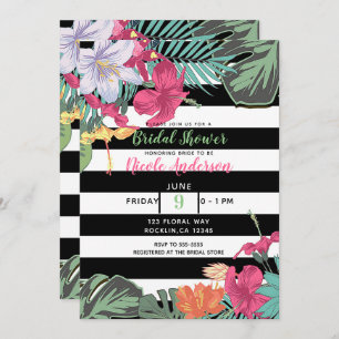 Invitation Fleurs florales tropicales Feuilles Blancs noirs