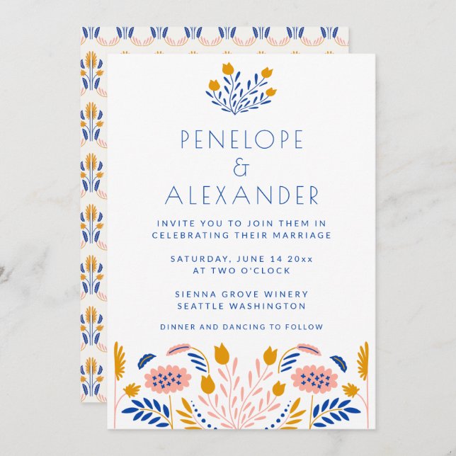 Invitation Fleurs folk Scandi en Mariage bleu et jaune (Devant / Derrière)
